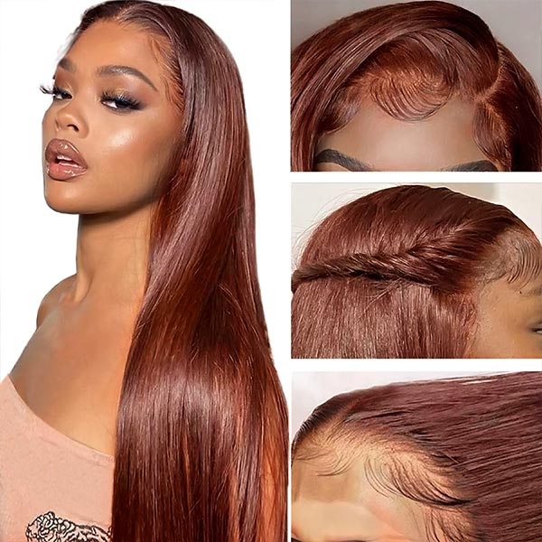 #33 Reddish Brown Straight Human Hair Wig Hair Human Hair Color For Dark Skins 13x6 HD Lace Front Colored Wigs