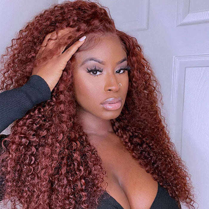 4C Edges Reddish Brown Curly Lace Wig Quality Glueless HD Lace Human Hair Wig For Black Women