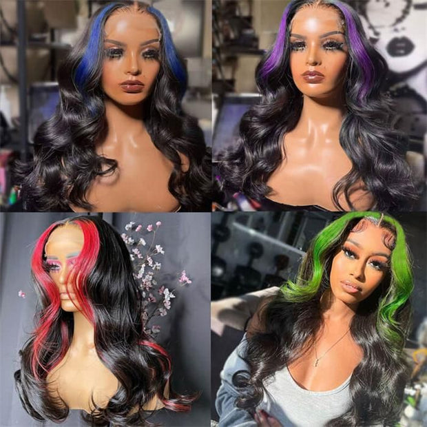 Cynosure Blonde/Pink/Green/Blue/Purple/27# Skunk Stripe 13x4 HD Lace Front Highlight Body Wave Wig