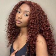 Skin Melt HD Lace 13X4 Curly Human Hair Wig New #33 Red Brown Auburn Color Wig For Women