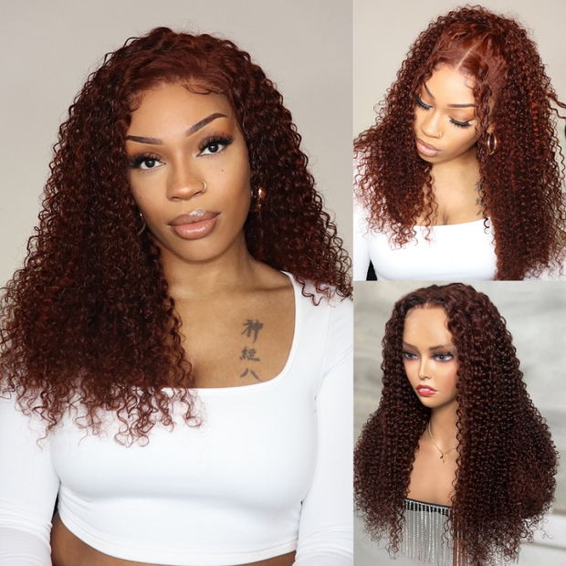 Skin Melt HD Lace 13X4 Curly Human Hair Wig New #33 Red Brown Auburn Color Wig For Women