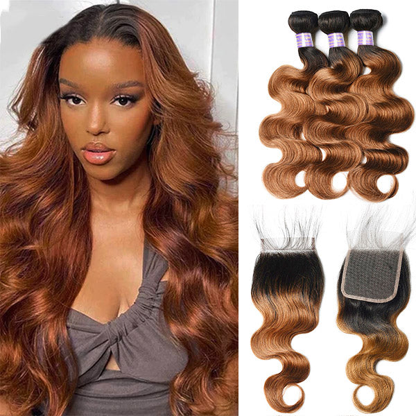 T1B/30 Color Brazilian Body Wave Hair 3 Bundles With 4x4 Lace Closure Human Hair Extensions