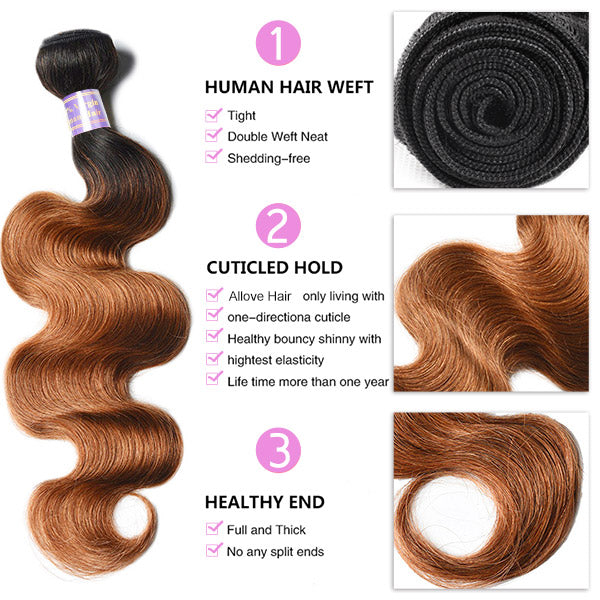 T1B/30 Color Brazilian Body Wave Hair 3 Bundles With 4x4 Lace Closure Human Hair Extensions