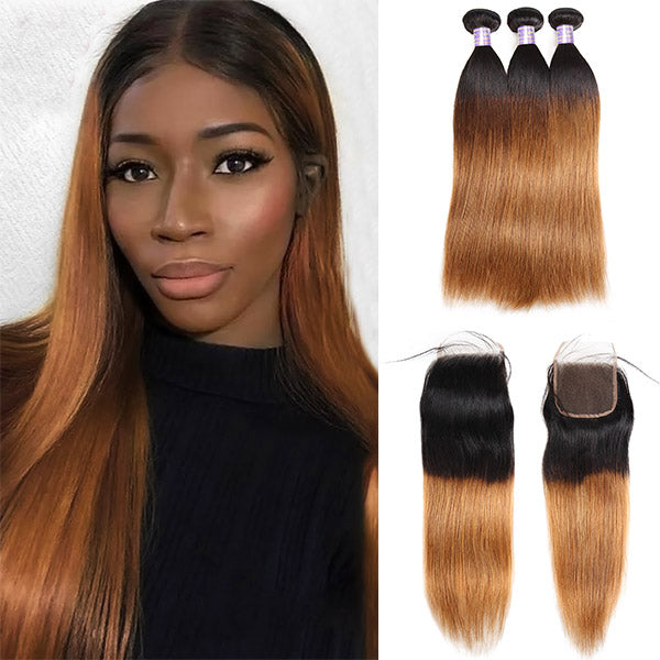 T1B/30 Ombre Brown Color Brazilian Straight Hair 3 Bundles With 4x4 Lace Closure Human Hair Extensions