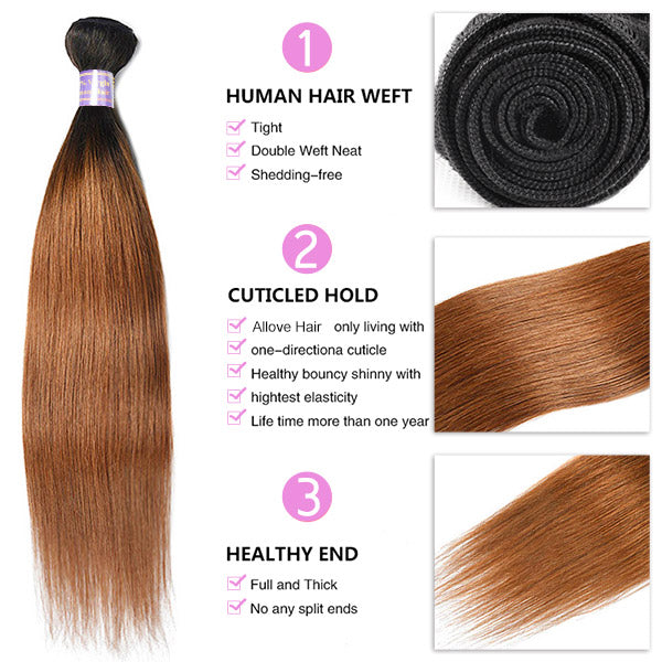 T1B/30 Ombre Brown Color Brazilian Straight Hair 3 Bundles With 4x4 Lace Closure Human Hair Extensions