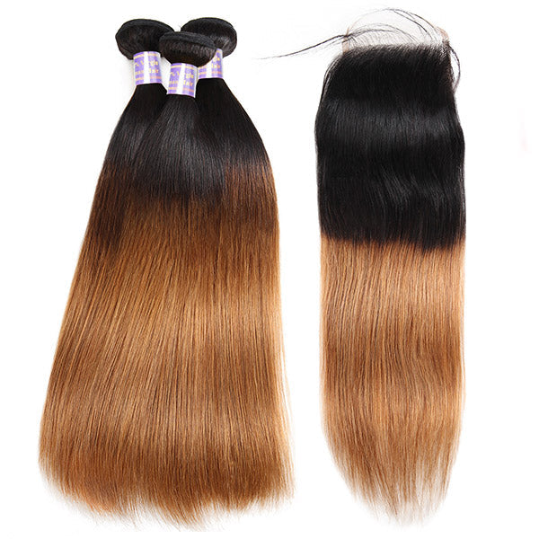 T1B/30 Ombre Brown Color Brazilian Straight Hair 3 Bundles With 4x4 Lace Closure Human Hair Extensions