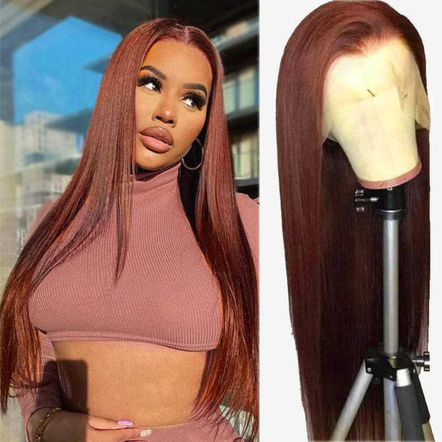 #33 Reddish Brown Straight Human Hair Wig Hair Human Hair Color For Dark Skins 13x6 HD Lace Front Colored Wigs
