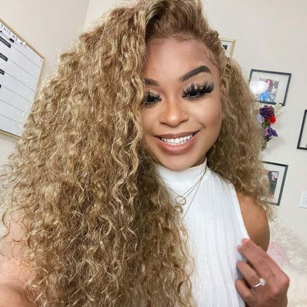 Water Wave HD Transparent Lace Pure #27 Honey Blonde Front Wigs Human Hair Pre plucked Bleached knots With Baby Hair