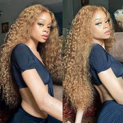 Water Wave HD Transparent Lace Pure #27 Honey Blonde Front Wigs Human Hair Pre plucked Bleached knots With Baby Hair