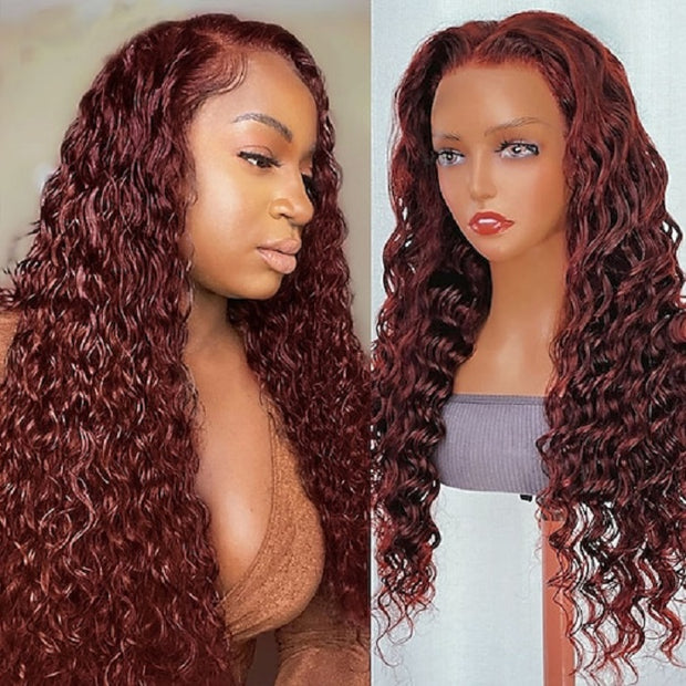 Glueless HD Lace Water Wave Hair Wig #33 Reddish Brown Color 5x5 Transparent Lace Closure Human Hair Wigs