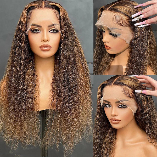 Glueless Curly Style Honey Blonde Piano Highlights Color 13x4/4x4 Wig Transparent Lace Wig