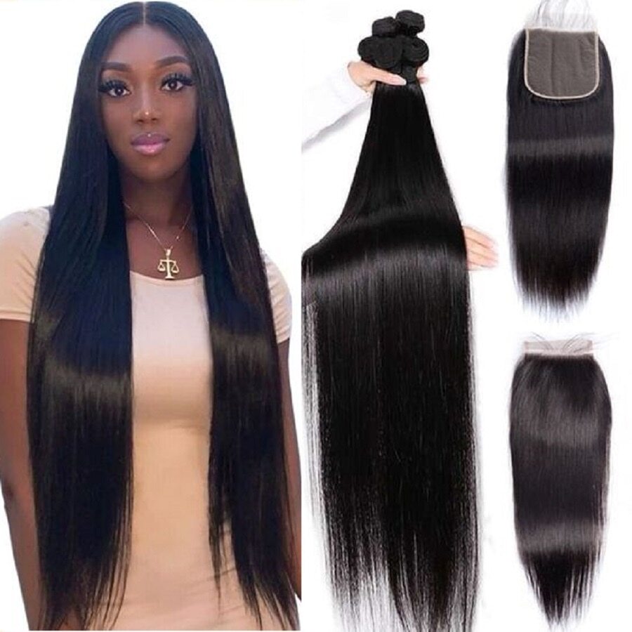 Remy Human Hair Straight Hair Weave 3 Bundles With 4x4 Lace Closure