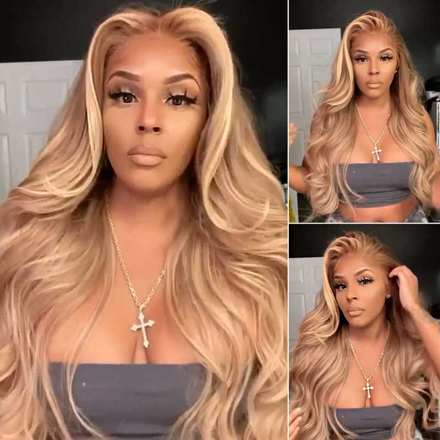Customized Peachy Champagne with Blonde Highlight Wig Transparent Lace Front Wigs