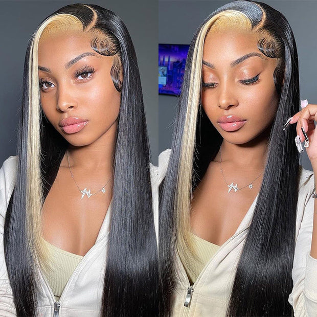 Highlights Blonde & Black Skunk Stripe Straight Lace Closure Human Hair Wigs 1B/613 Colored HD Transparent 13*4/4x4 Lace Front Wig With Baby Hair