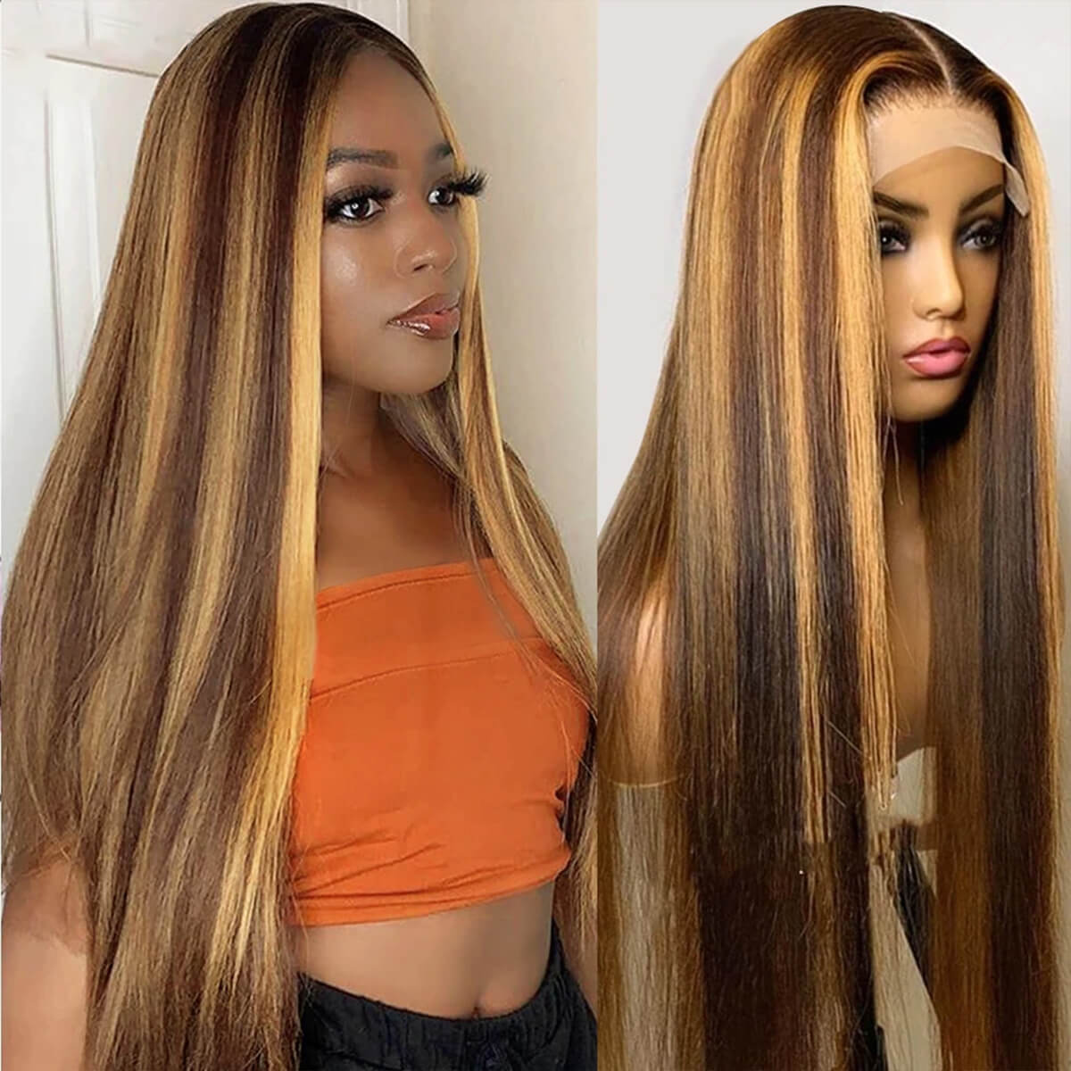 4/27 Highlight Brown And Blonde Straight Body Wave Curly 13×4 HD Lace Full Frontal Wig 100% Human Hair