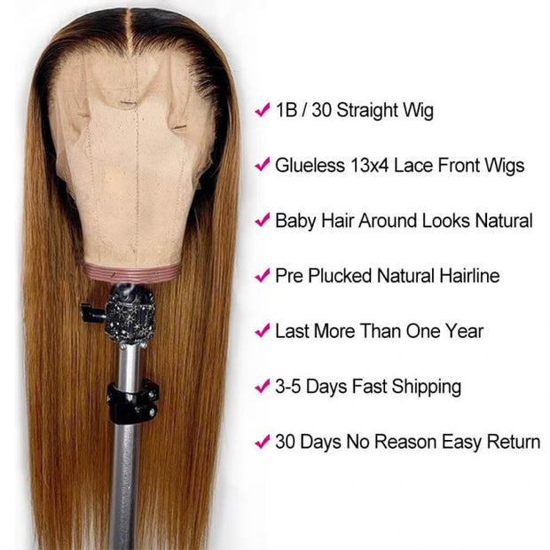 1B/30 Ombre Color Silky Straight Brazilian Virgin Hair Glueless Lace Front Wigs