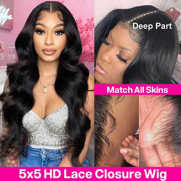 HD Transparent Lace 5x5 Closure Wig 14-32inch Natural Color Long Human Hair Wigs