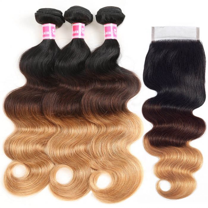 Ombre Color 1B/4/27 Brazilian Body Wave 3 PCS With Lace Closure 100 Human Virgin Hair