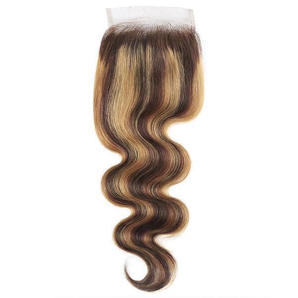 Highlight Body Wave Human Hair 3 Bundles with 4x4 Lace Closure P4/27