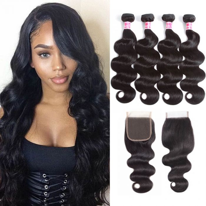 10A Unprocessed Human Hair Weave 4 Bundles With 4x4 Lace Closure Brazilian Body Wave