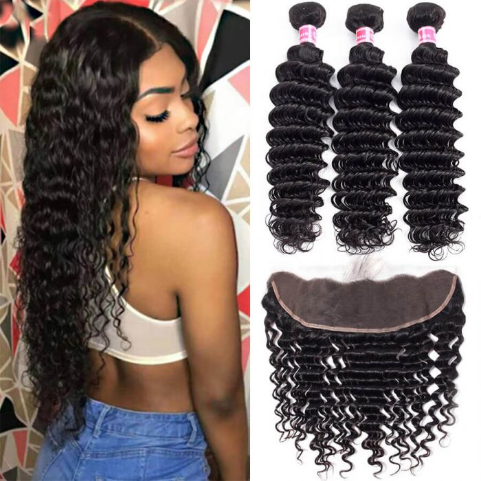 Brazilian Deep Wave Hair 3 Bundles With 13X4 Lace Frontal 100% Virgin Human Hair Weave