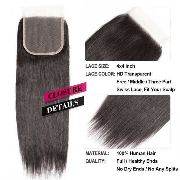 Brazilian Hair 4x4 HD Lace Closure Straight Hair 100% Virgin Remy Hair 8-20 Inch