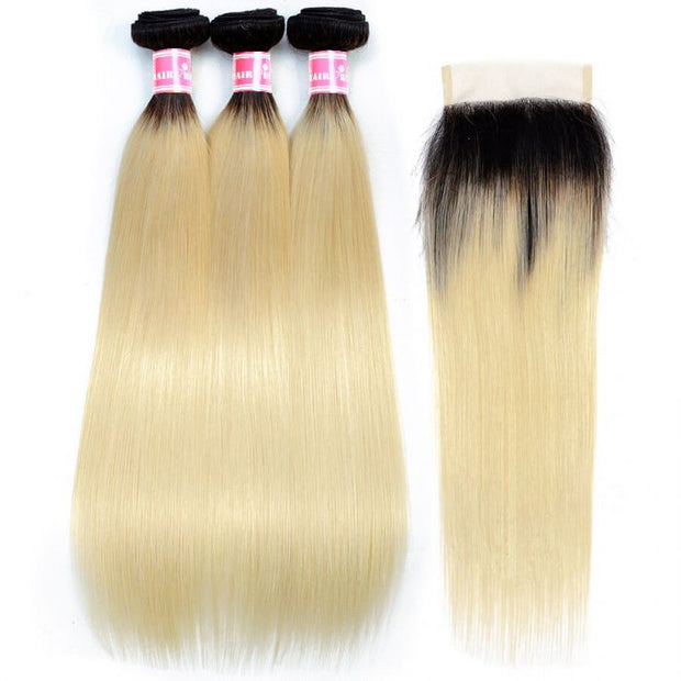 1B/613 Color Ombre Hair Virgin Straight Hair 3 Bundles With 4x4 Lace Closure On Sale