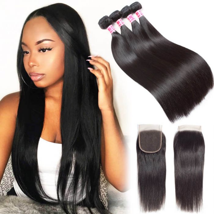 Brazilian Straight Hair Weave 4 Bundles With 4*4 Human Hair Lace Closure Unprocessed Virgin Hair