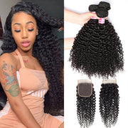 Brazilian Curly Weave Human Hair 4 Bundles with 4x4 Lace Closure 10A Unprocessed Virgin Hair