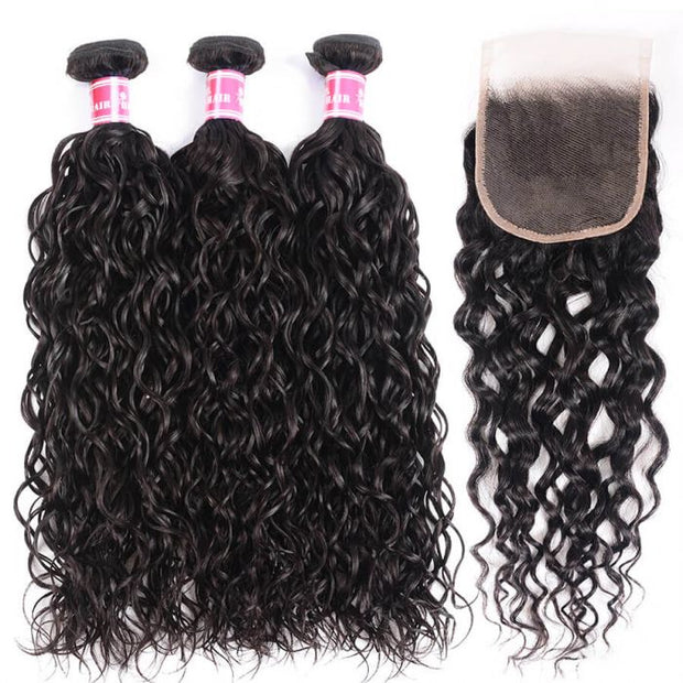 100% Virgin Hair Water Wave 3 Bundles With 4*4 Lace Closure Human Hair Extensions