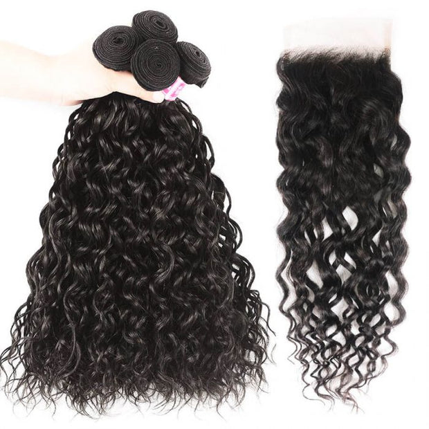 100% Virgin Hair Water Wave 3 Bundles With 4*4 Lace Closure Human Hair Extensions