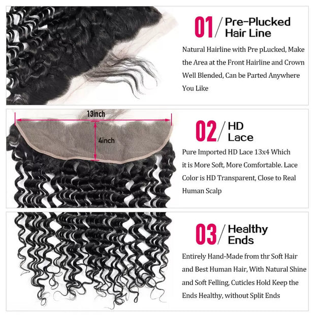 Peruvian Hair 13x4 HD Undetectable Lace Frontal Deep Wave 10-20 Inch 100% Virgin Remy Hair