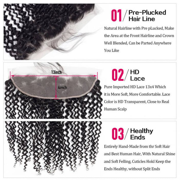 13x4 HD Transparent Lace Frontal Indian Hair Kinky Curly Human Virgin Hair Free Part 10-20 Inch