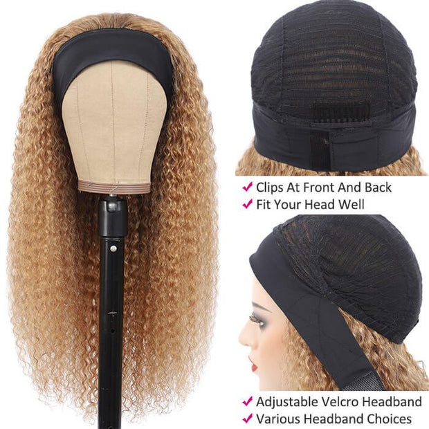 #27 Honey Blonde Curly Hair Headband Wig Human Hair Quick And Easy Install