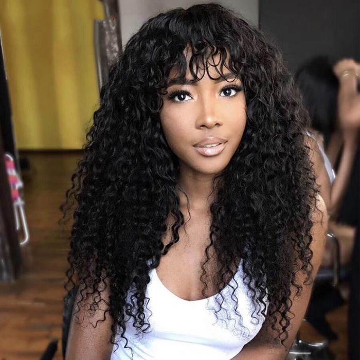 Curly Human Hair Wigs With Bangs 150% Density No Lace Front Human Hair Wigs Full Machine Made Wig