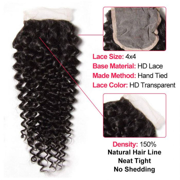 Brazilian Hair 4x4 HD Lace Closure Curly Hair 100% Virgin Remy Hair 8-20 Inch