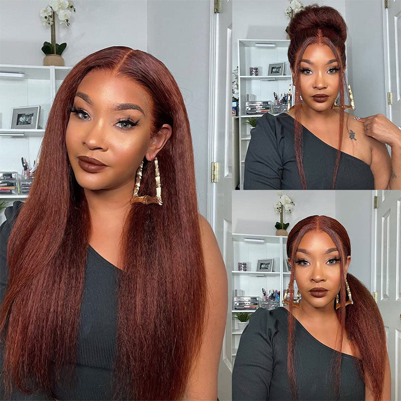 Clearance 5x5 Kinky Straight Reddish Brown Lace Closure Wig Human