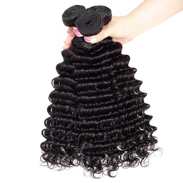 Brazilian Deep Wave Hair 3 Bundles With 13X4 Lace Frontal 100% Virgin Human Hair Weave