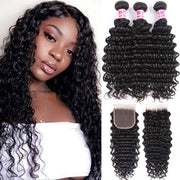 3 Bundles with Closure Brazilian Deep HD Lace Wave 10A Unprocessed Virgin Human Hair