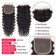 3 Bundles with Closure Brazilian Deep HD Lace Wave 10A Unprocessed Virgin Human Hair