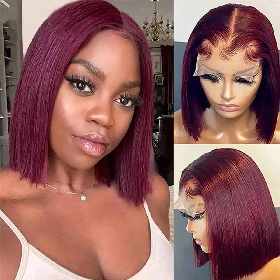 99J Burgundy Red Color Short Bob Wig Transparent 13x4 Lace Front Wigs For Women