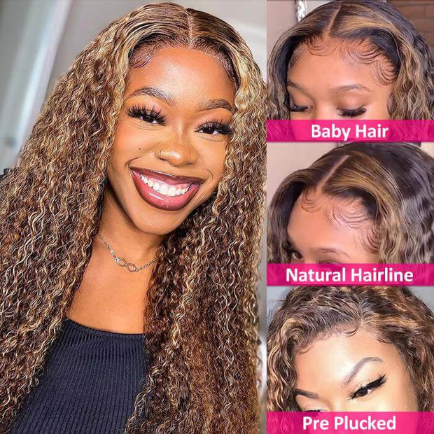 Glueless Curly Style Honey Blonde Piano Highlights Color 13x4/4x4 Wig Transparent Lace Wig