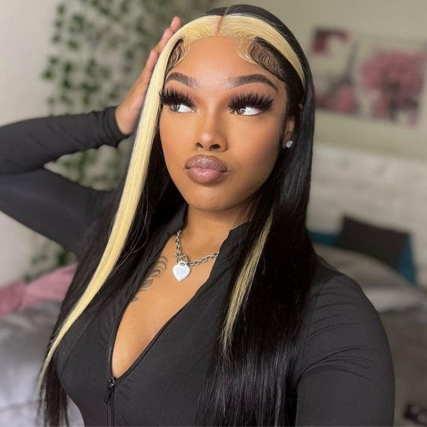 Highlights Blonde & Black Skunk Stripe Straight Lace Closure Human Hair Wigs 1B/613 Colored HD Transparent 13*4/4x4 Lace Front Wig With Baby Hair