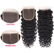 3 Bundles with Closure Brazilian Deep HD Lace Wave 10A Unprocessed Virgin Human Hair