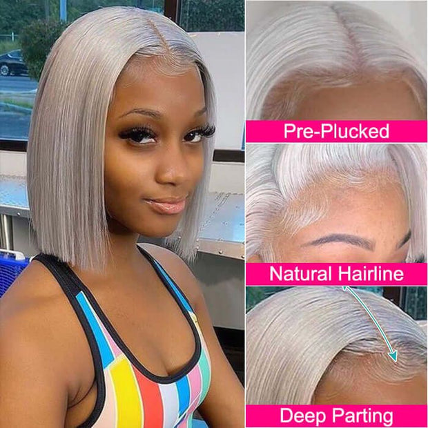 Grey Short Bob Lace Front Human Hair Wigs For Black Women Pre Plucked