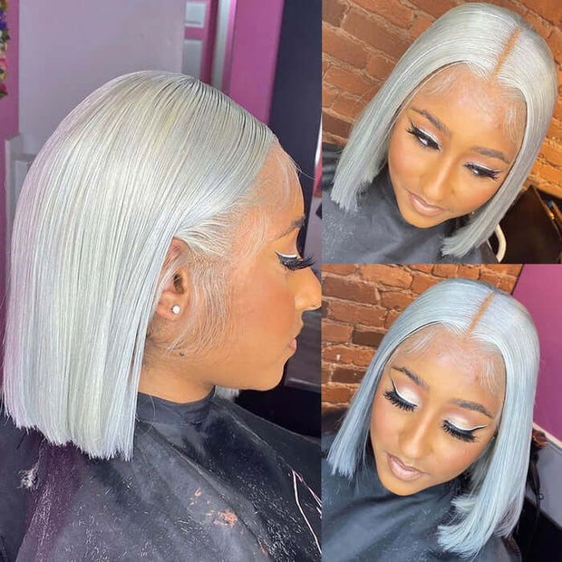Grey Short Bob Lace Front Human Hair Wigs For Black Women Pre Plucked