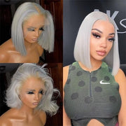 Grey Short Bob Lace Front Human Hair Wigs For Black Women Pre Plucked