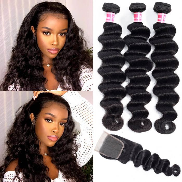 Loose Deep Wave Brazilian Virgin Hair 3 Bundles With Lace Closure Free Part Human Hair Extensions