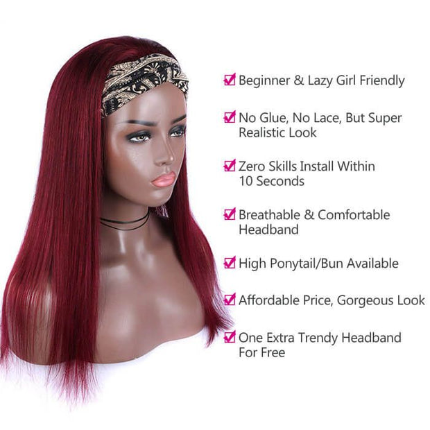 99j Burgundy Color Headband Wigs Human Hair Half Wig