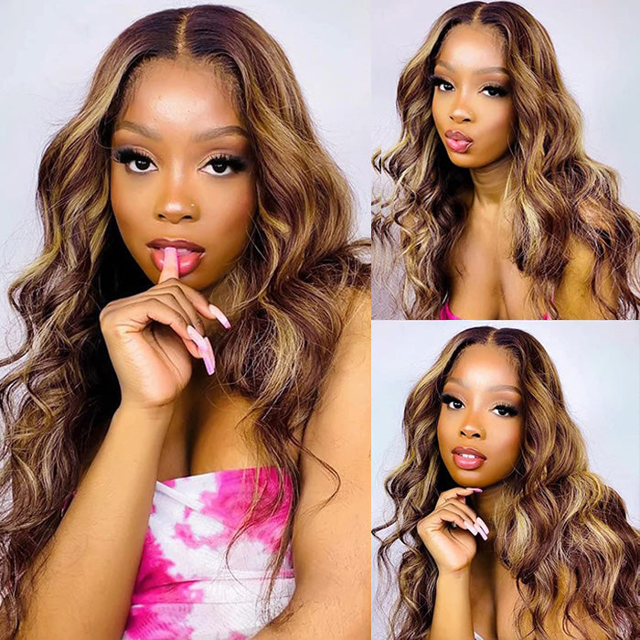 4/27 Highlight Ombre Wig Body Wave Remy Human Hair Lace Front Wigs For Women